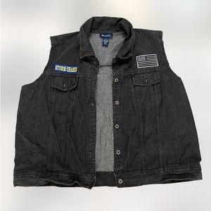 Denim & co mens large black denim cutoff jean jacket w/patches
